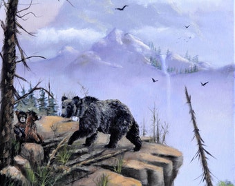 Folk Fine Art oil painting Prints Decor Wall Art Mother Bear Cubs Nature Scene