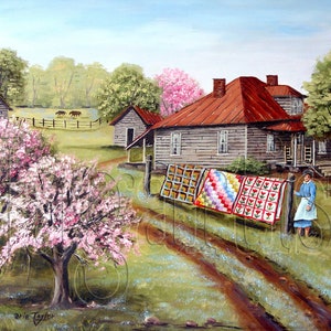 Folk Art Print Grandma's Quilts, Old Woman, House Dirt Road, Pink Flowering Tree Landscape Country Scene Original Art Arie Reinhardt Taylor