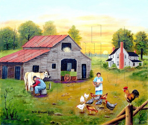 picture Village Sunrise Early Morning Scenery Drawing folk art landscape country scene sunrise chicken art print red rooster farm house arie taylor feeding chicken