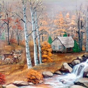 Primitive Americana Fall Folk Art Prints Country Scenes Log Cabin Painting Deer, Birch Tree, Landscape Painting, Stream Autumn art, Wall Art