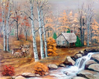 Primitive Autumn Landscape Art Print: Log Cabin, Deer, Birch Tree