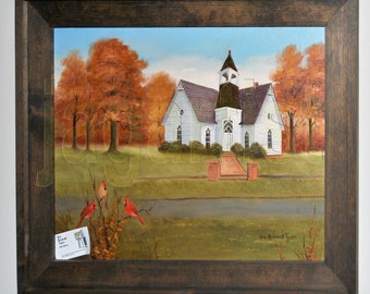 Folk Art Painting of Startown St. Paul's Church, Cardinal and Country Church Autumn Art, North Carolina Churches, Original Painting