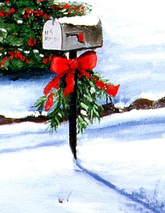 Winter Snow Christmas Landscape Folk Art Print Holly Bushes, Home