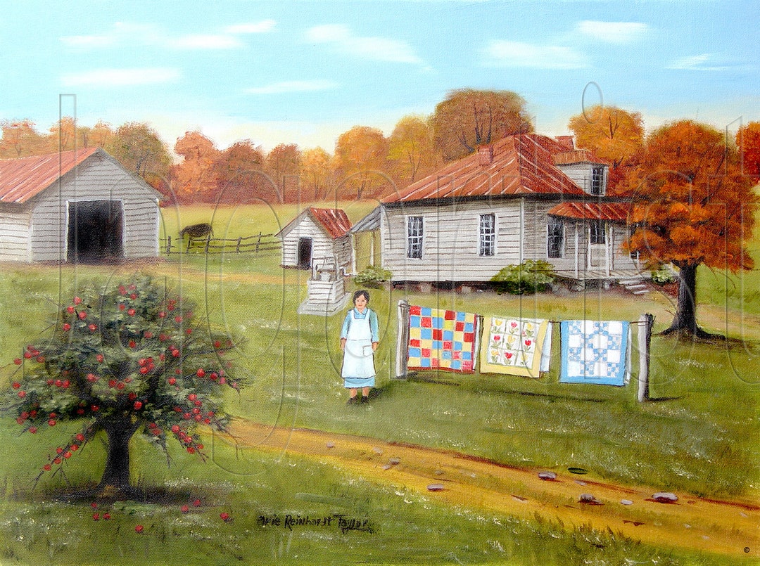 Grandma's Quilts Folk Art Print: Autumn Country Scene by Arie Reinhardt ...