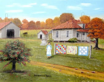 Grandma's Quilts Folk Art Print: Autumn Country Scene by Arie Reinhardt Taylor