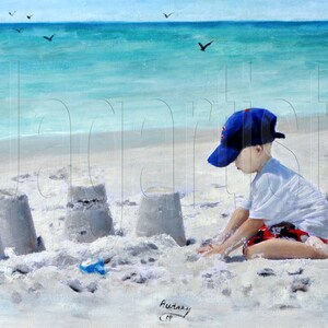 Boy on Beach Kids Oil Painting Print, Florida Beach Painting Bucket Sand Castles Ocean Scene, Child Toddler Playing in Sand, Home Wall Art