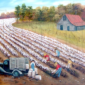Cotton Field Painting High Back Bed Truck Primitive Folk Art Landscape PRINT by Arie Reinhardt Taylor, Southern Cotton Art, Farming