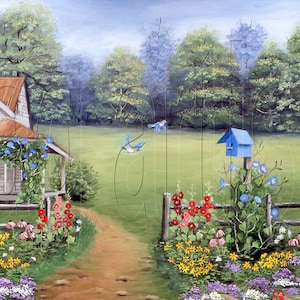 American Folk Art Print, Flowers Blue Bird House Summer Country scene, Cottage Scene, NC Artist Arie Reinhardt Taylor, Wall Decor Home Art
