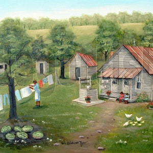 Black Brown African American Vintage Laundry Room Folk Art Prints Clothes Line, Washing, Southern painting, Black Woman Hanging Clothes