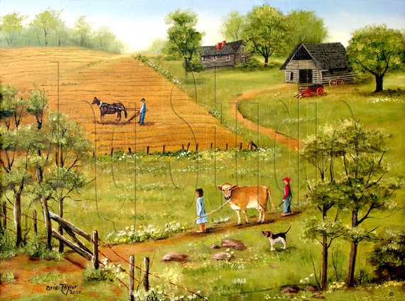 Folk Art Print: Rural Farm Landscape With Cow, Barn, and Dog - Etsy