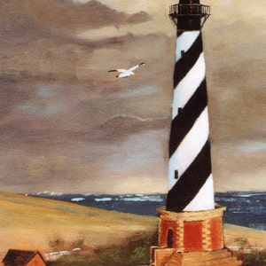 May include: An oil painting of a lighthouse with black and white stripes, a red base, and a black top. A small red building and a white fence are in the foreground. A seagull flies in front of a cloudy sky.
