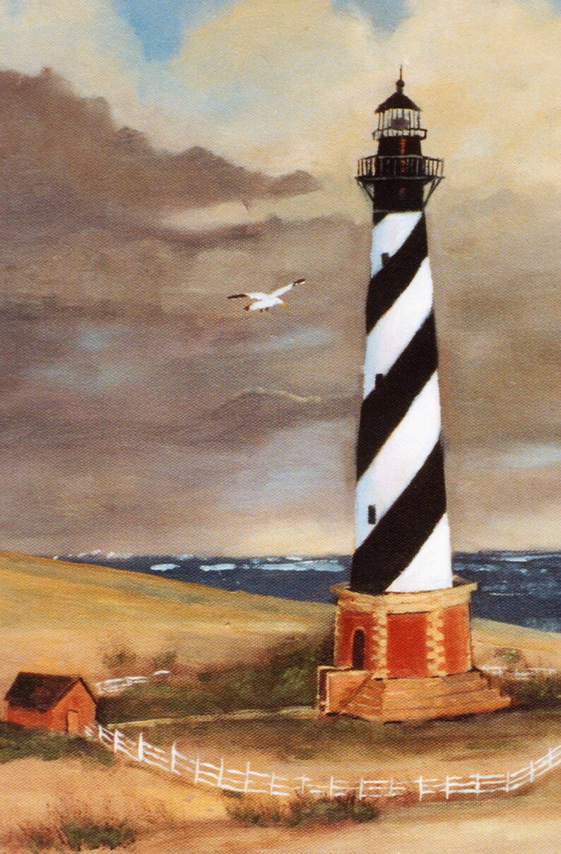 May include: An oil painting of a lighthouse with black and white stripes, a red base, and a black top. A small red building and a white fence are in the foreground. A seagull flies in front of a cloudy sky.