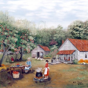 Primitive Folk Art Print - Making Apple Butter - Southern Art Farm House, Chickens, Girl Swinging, Landscape Country Scene, Arie Taylor