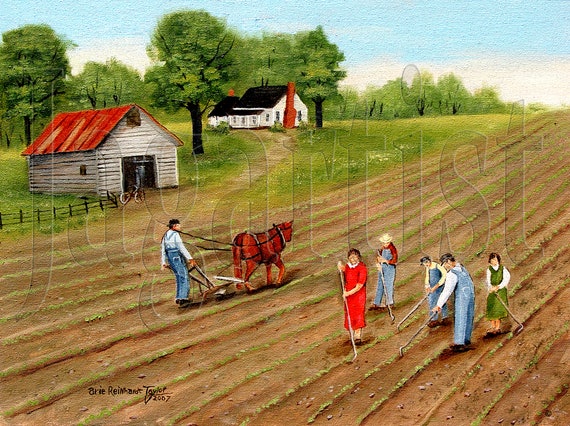 Primitive Folk Art Print: Rural Farm Scene, Farmers Plowing Cotton