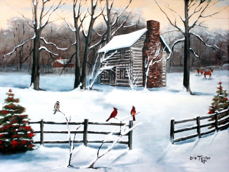 Winter Snow Folk Art Country Scene Log Cabin Fence Snow Red Etsy