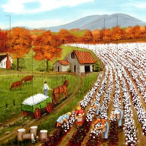 Cotton Field Folk Art Print: Autumn Landscape, Rural Americana