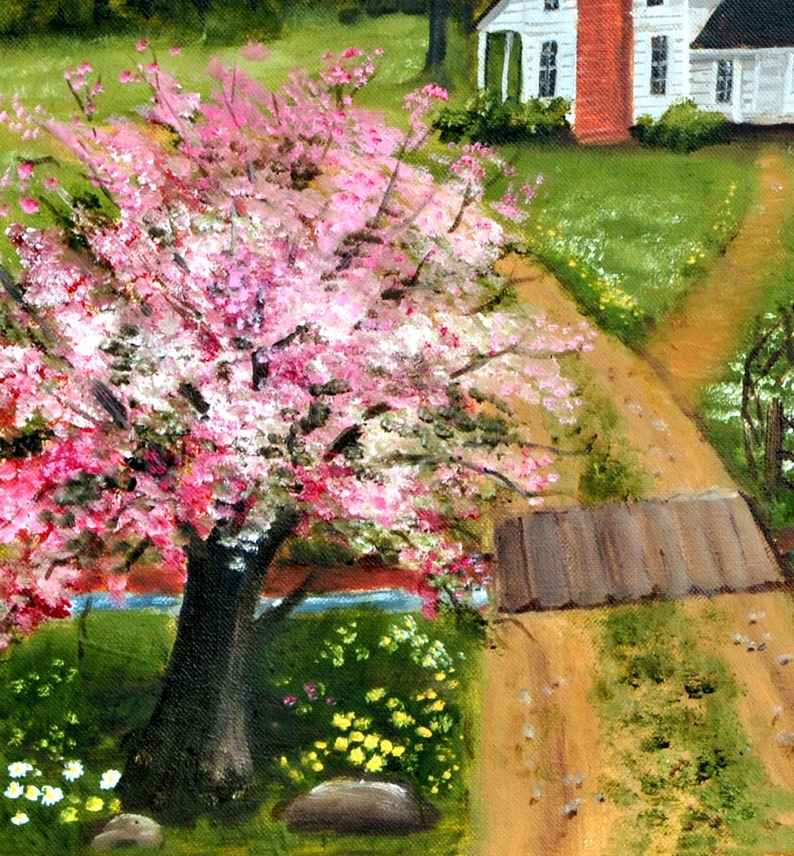 Country Spring Scene Folk Art Print, Tea Party, Pink Trees Dirt Road Mountain Barn Farm House, Arie R Taylor, Picnic, Home Wall Decor Art image 4