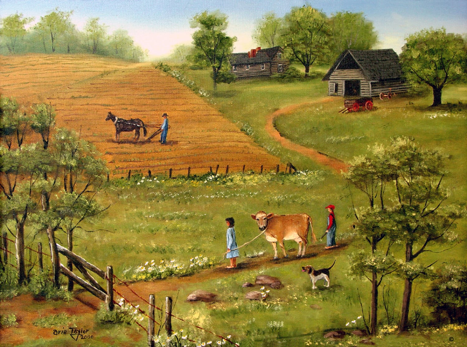 Folk Art Print: Rural Farm Landscape With Cow, Barn, and Dog