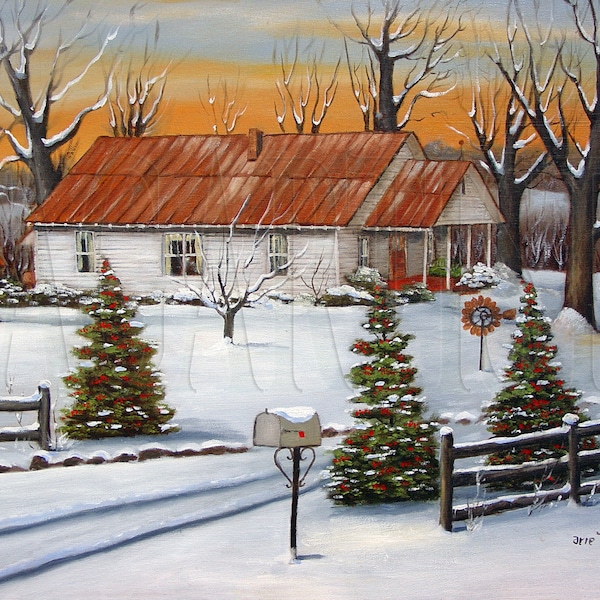 Lámina artística de paisaje invernal: La casa de Minnie Reinhardt, decoración de arte popular