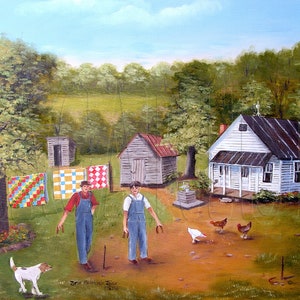 American Folk Art Landscape Prints for sale, Horseshoe Game, Farm House, Chickens, Quilt Outhouse Beagle Hound Dog, Vintage Country Painting