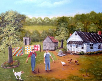American Folk Art Print: Horseshoe Game, Farmhouse Scene