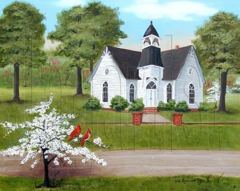 Folk Art Print of Startown St. Paul's Cardinal and Country Church Spring Art, Dogwood, North Carolina Churches