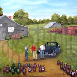 May include: An outdoor scene depicts a pottery shop with a sign reading "Craigs Homemade Pottery Vale NC." Several jugs are displayed in front of the shop. Three men stand near a black truck. The painting has a rustic, rural aesthetic.