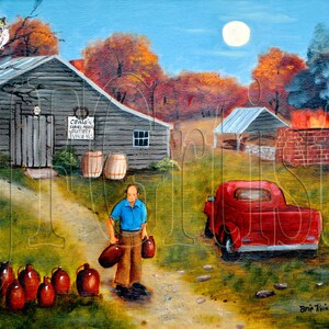 May include: An oil painting depicts a rural scene with a man carrying jugs on a path. A red truck is parked nearby. A building with the text "Craig's Handmade Pottery" is in the background. An owl perches in a tree. The sky is blue with a full moon.