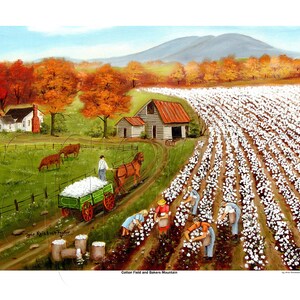 Cotton Field Landscape Primitive Folk Art Prints Autumn American, Cows in Pasture Wall Art, Southern cotton art, Gift for Him. Gifts for her image 8