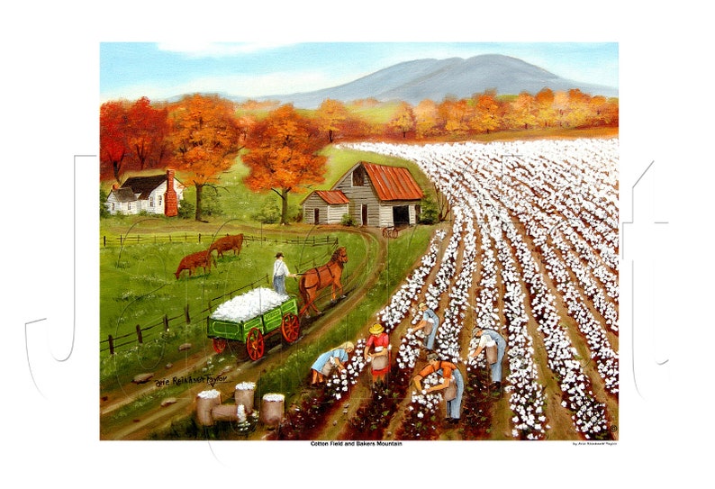 Cotton Field Landscape Primitive Folk Art Prints Autumn American, Cows in Pasture Wall Art, Southern cotton art, Gift for Him. Gifts for her image 8