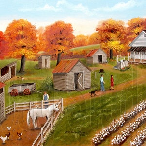 Fall Folk Art Prints Original Landscape Painting Cotton Field, Outhouse, Autumn Painting Barn, Barnyard Farm Old Farm House North Carolina