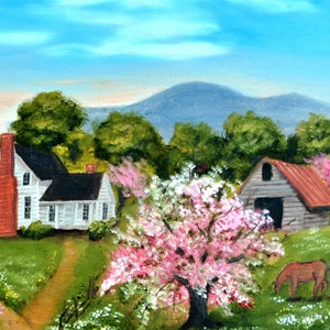 Country Spring Scene Folk Art Print, Tea Party, Pink Trees Dirt Road Mountain Barn Farm House, Arie R Taylor, Picnic, Home Wall Decor Art image 3