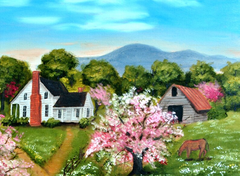 Country Spring Scene Folk Art Print, Tea Party, Pink Trees Dirt Road Mountain Barn Farm House, Arie R Taylor, Picnic, Home Wall Decor Art image 3