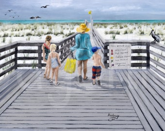 Beach Walk to Ocean Children Family Florida Oil Painting Original