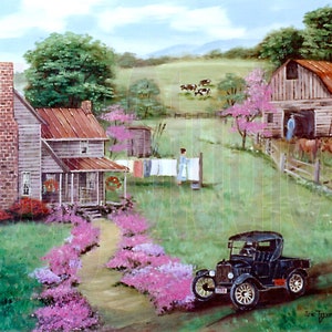 Folk Art Print, Farm Landscape Barn Model A T Car Washing Clothes Line, Arie Taylor, Pink Thrift