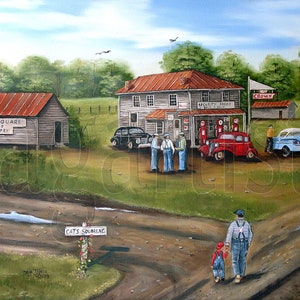 Country Store Scene Americana Folk Art Print, Cat Square, Dirt Country Road, Old Store, Old Cars, 1930s N Carolina, Gifts for him artwork