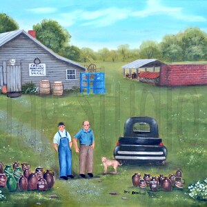 May include: An oil painting depicts a rural scene with a pottery shop, two men, and a dog. The shop has a sign that reads "Craig's Handmade Pottery Vale, N.C." Various pottery pieces are displayed in the foreground, with a black car in the background.