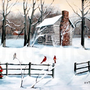 Winter Snow Folk Art Country Scene Log Cabin, Fence Snow Red Cardinals, Holly Trees Primitive Fine Art, Hickory Tavern, NC Artist