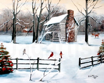 Winter Snow Folk Art Country Scene Log Cabin, Fence Snow Red Cardinals, Holly Trees Primitive Fine Art, Hickory Tavern, NC Artist