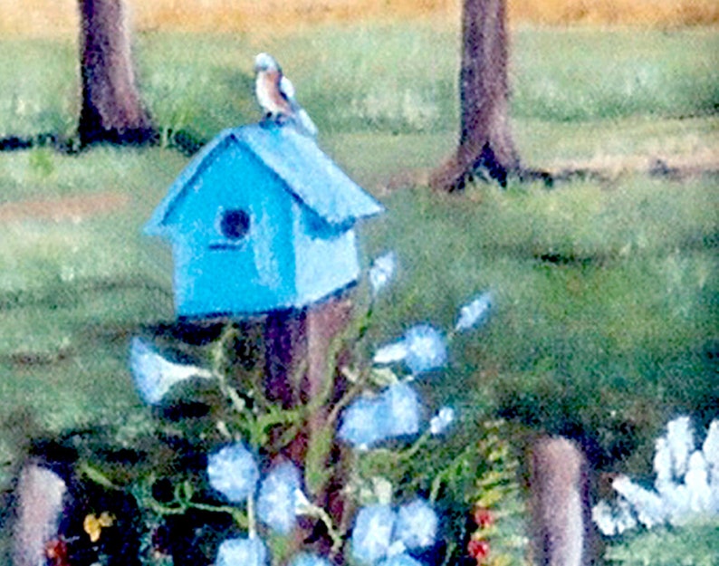 Summer Cottage Folk Art Print: Tabby Cat and Bluebird House - Etsy