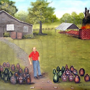 May include: An oil painting depicts a rural pottery scene. A man in a red shirt stands near a collection of ceramic jugs with various designs. A wooden building with a sign reading "Craigs Hand-Made Pottery" is in the background, along with a kiln and barrels.