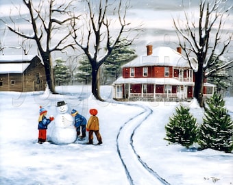 American Primitive Folk Art Prints, Children Making Snowman, Snow and Barn, Vale NC, Winter, Arie Taylor, Red House