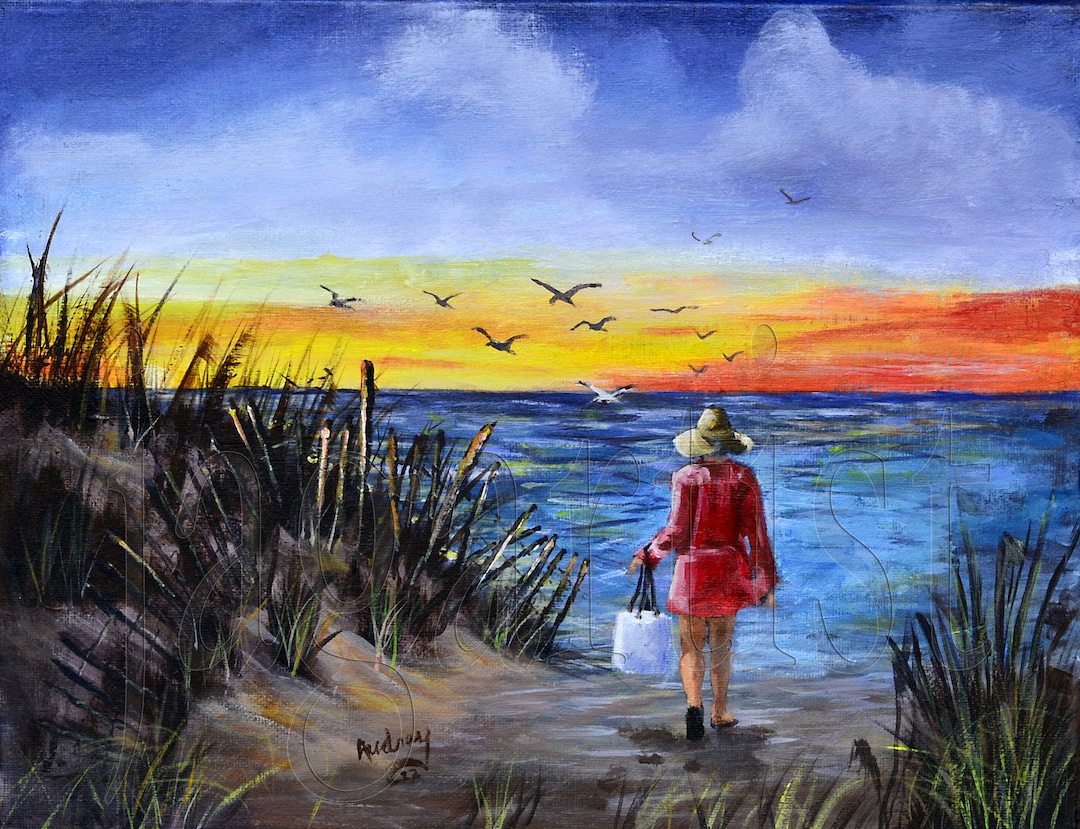 Girl on Beach Acrylic Painting Art Print: Folk Home Decor - Etsy
