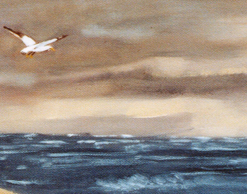 May include: An oil painting depicts a coastal scene with a seagull in flight against a cloudy sky. The ocean waves are dark blue, and the sand is a light tan color. The artwork evokes a sense of tranquility.