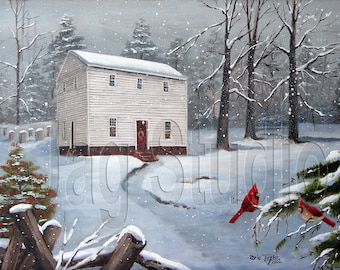 Christmas Old Church Painting Winter Scene with Cardinals Folk Art Print Red Birds, Newton North Carolina churches