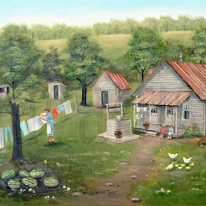Laundry Day Folk Art Prints Clothes Line Washing, Outhouse, Chickens, Southern painting Arie Reinhardt Taylor, Girls Eating Watermelon