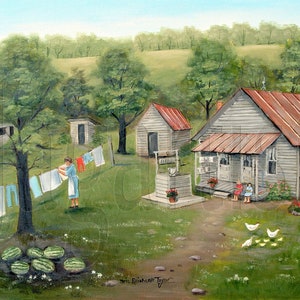 Laundry Day Folk Art Prints Clothes Line Washing, Outhouse, Chickens, Southern painting Arie Reinhardt Taylor, Girls Eating Watermelon