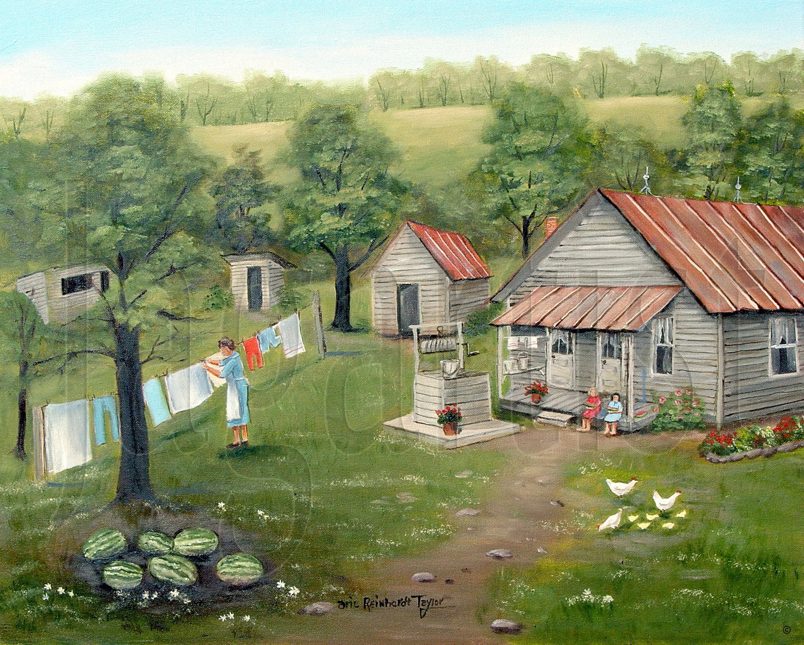 Laundry Day Folk Art Print: Southern Americana Scene By Arie ...