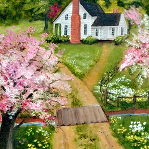 Country Spring Scene Folk Art Print, Tea Party, Pink Trees Dirt Road Mountain Barn Farm House, Arie R Taylor, Picnic, Home Wall Decor Art image 8