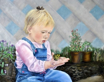 Original oil painting girl butterfly